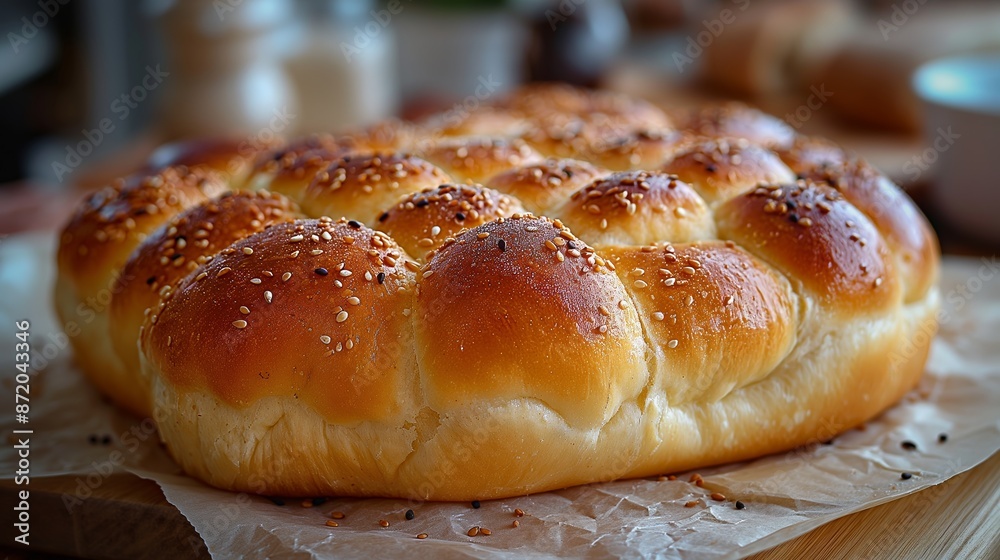 Golden, freshly baked challah bread, sprinkled with sesame seeds, exudes a warm, inviting aroma. Golden, freshly baked challah bread, sprinkled with sesame seeds, exudes a warm, inviting aroma.
