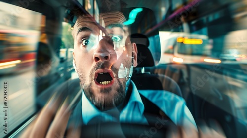 Shocked Male Driver About to Crash with a Bus Viewed Through Glass