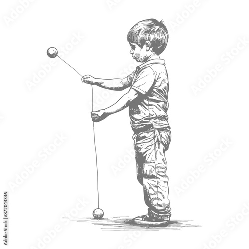 Child's Focused Moment: Sketch of a Boy Concentrating on a Homemade String & Ball Toy.