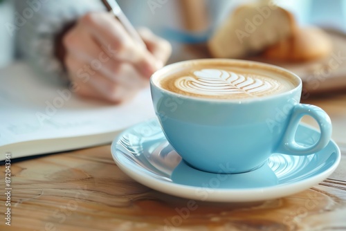 Cozy morning scene with a detailed latte in a blue cup and a person writing in a notebook on a wooden table.