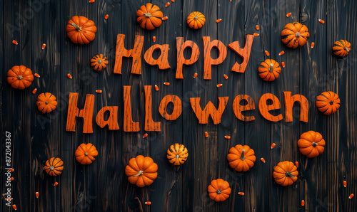 The inscription Happy Halloween on a dark wood background.