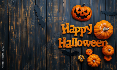 .Happy Halloween inscription on dark wood background with copy space.