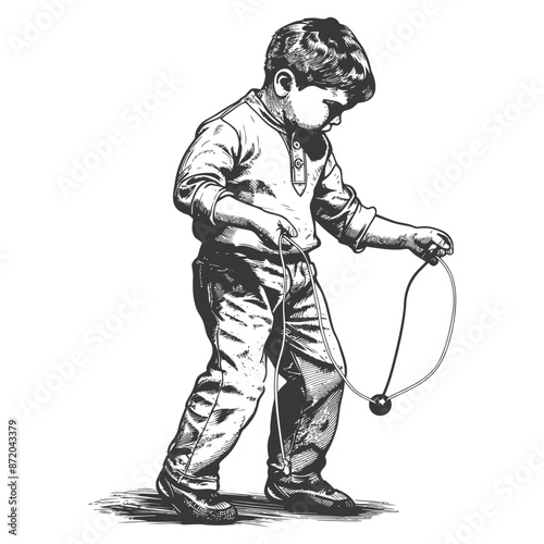 Focused Boy Playing with Ball on String, Vintage Style Illustration