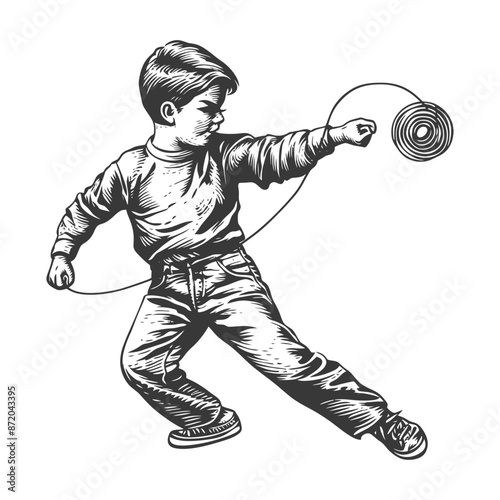 Focused Boy with a Yo-Yo: Retro Engraving Style Illustration