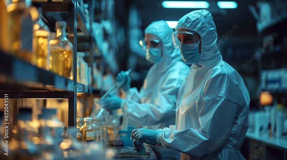 Two forensic scientists in protective gear meticulously examine evidence in a high-tech laboratory setting. Two forensic scientists in protective gear meticulously examine evidence in a high-tech laboratory setting.