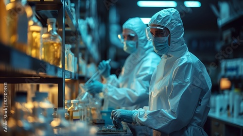 Two forensic scientists in protective gear meticulously examine evidence in a high-tech laboratory setting.