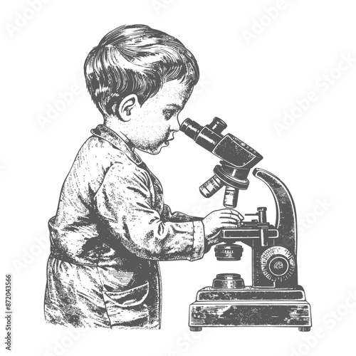 Vintage Etching: Boy Scientist Observes Under Microscope, Scientific Discovery.