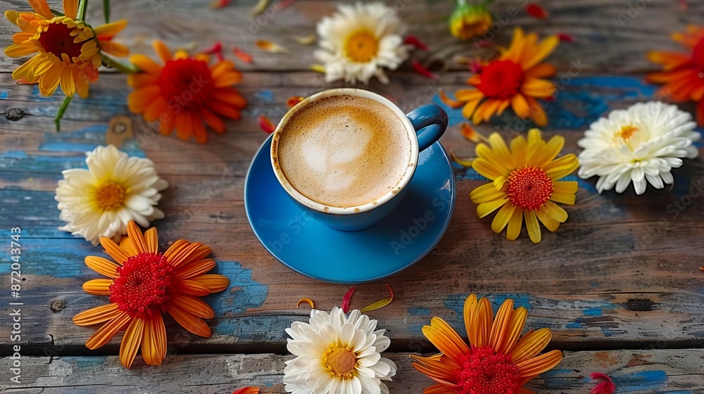 A cup of coffee on a wooden table with flowers. A cup of coffee on a wooden table with flowers.