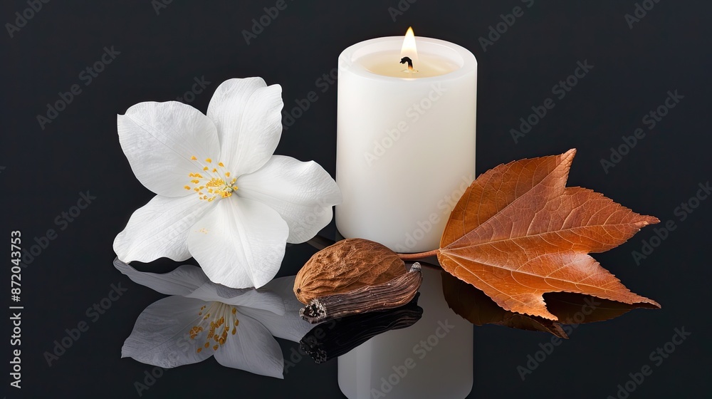 A white magnolia flower rests beside a lit candle, with brown leaves scattered around them. The scene is reflected in a black surface A white magnolia flower rests beside a lit candle, with brown leaves scattered around them. The scene is reflected in a black surface
