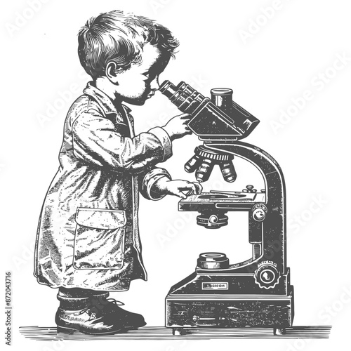 Curious Child Scientist: Vintage Engraving of Boy with Microscope, Scientific Discovery, Early Education.