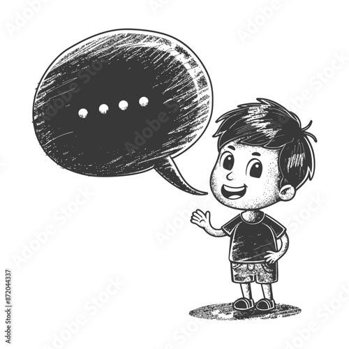 Sketchy Boy Talking with Ellipsis Speech Bubble, Hand Drawn Illustration