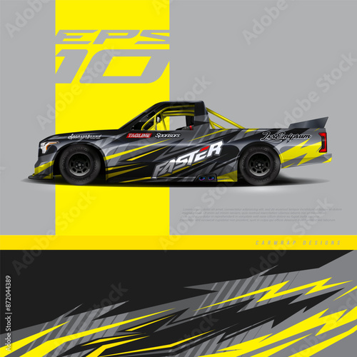 Car wrap decal graphic design. Abstract stripe racing background designs for wrap cargo van, race car, pickup truck, adventure vehicle. Eps 10