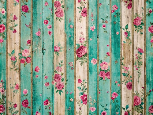 Vintage distressed pink and turquoise striped wallpaper with peeling edges and faded floral patterns on a worn-out wooden panel background. photo