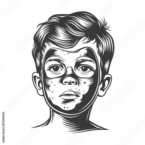 Wallpaper Mural Freckled Boy with Mask Outline, Woodcut Style Portrait. Torontodigital.ca