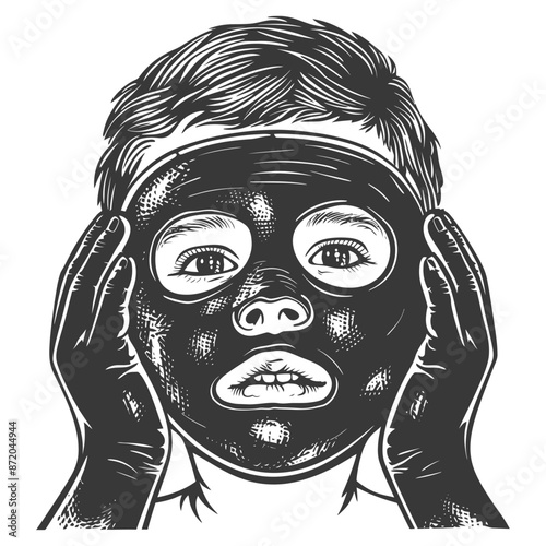 Engraved Child with Black Mud Mask, Beauty Treatment, Vector Illustration