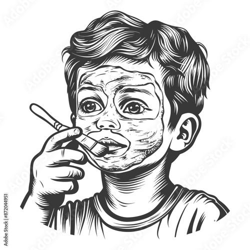 Mischievous Boy with Facial Mask, Spoon, Engraving Style