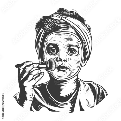 Girl with facial mask and brush, vintage monochrome illustration.