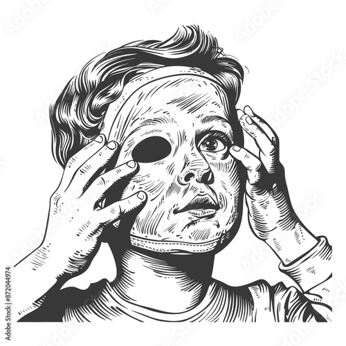 Sketch of Child Adjusting a One-Eyed Mask, Curious Gaze.