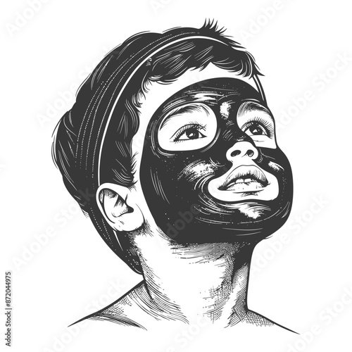 Engraved Boy with Black Facial Mask, Looking Upward in Hopeful Contemplation.