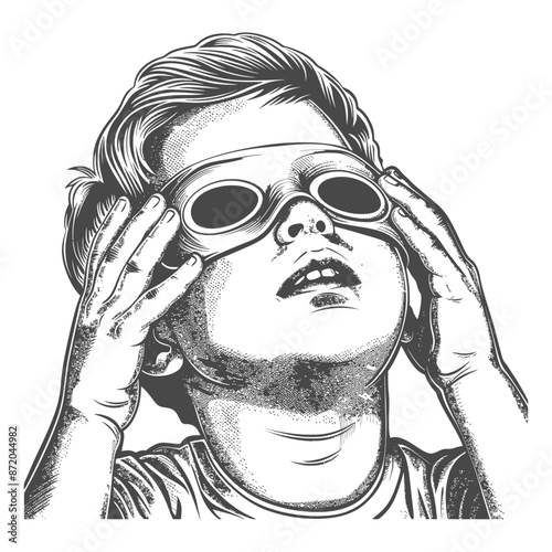Curious Child Gazing Upward with Retro Goggles, Engraved Style Illustration.