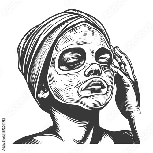 Engraved woman with sheet mask and head wrap, skincare treatment.