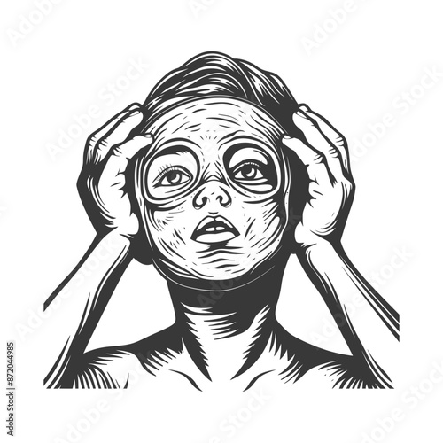 Woodcut style woman with eye mask, hands on head, upward gaze, anxiety concept.