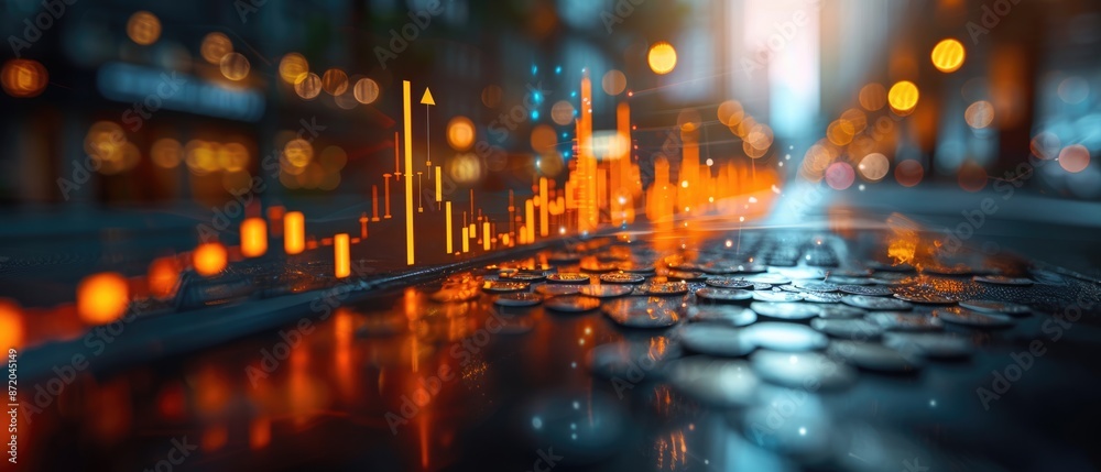 Fototapeta premium Conceptual visualization featuring a 3D line representing an arrow ascending to the right along the height of a bar graph, indicative of positive trends in business and stock market performance.