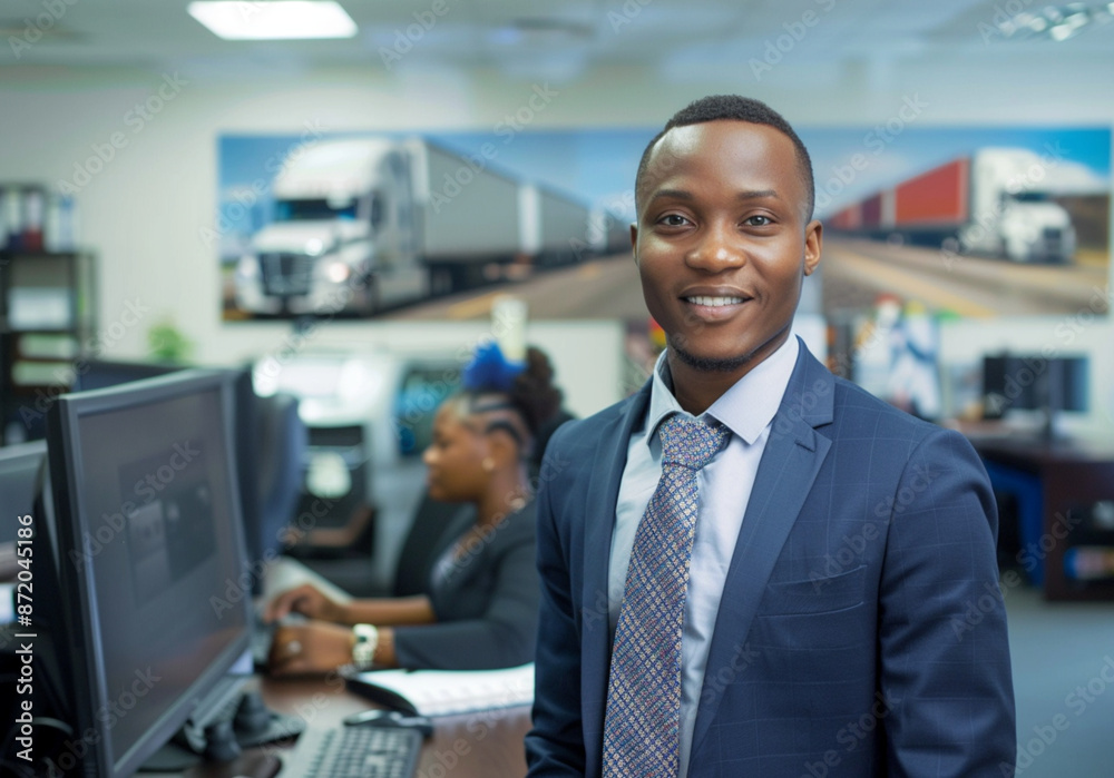 A logistics broker, dressed in Business jacket without tie, stands confidently facing the camera with a friendly and approachable expression A logistics broker, dressed in Business jacket without tie, stands confidently facing the camera with a friendly and approachable expression