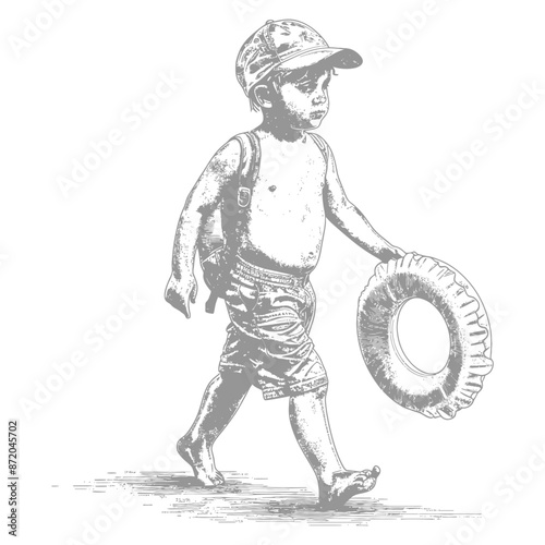 Sketch of a Toddler Walking with Inner Tube, Ready for Summer Swim