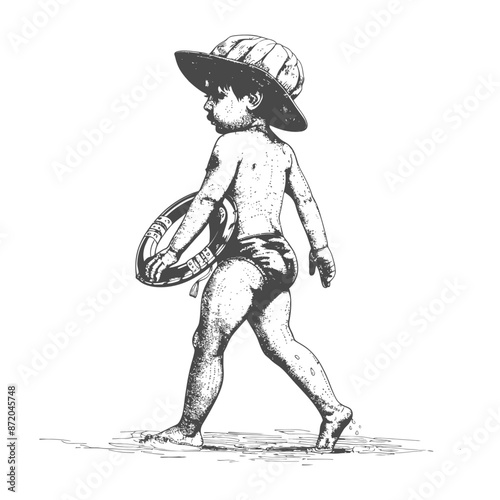 Vintage Beach Baby: Etched Child with Inner Tube, Seaside Innocence.