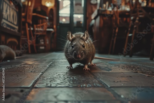 Close-up of a curious rat exploring the floor of a dimly lit rustic cafe. Cozy atmosphere with wooden furniture in the background.