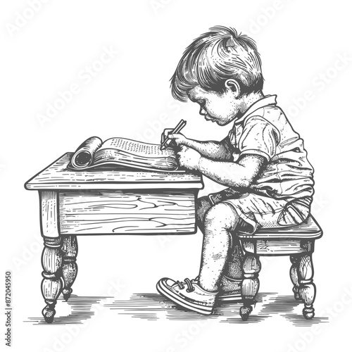 Boy's Intense Focus: Vintage Sketch of a Child Writing at a Wooden Desk.