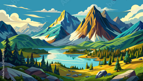Picturesque landscape of a calm lake surrounded by snow-capped mountains under blue skies during sunny days 