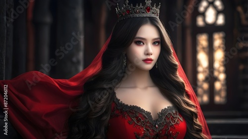 portrait of a beautiful queen in a red dress