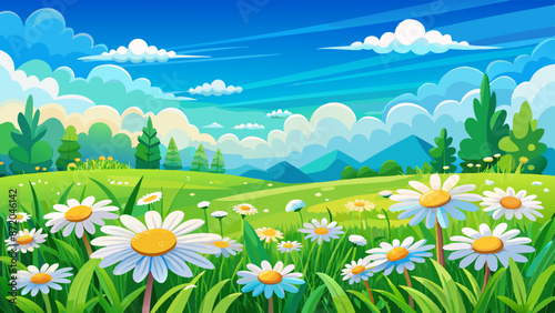 Green summer scene with white flowers.