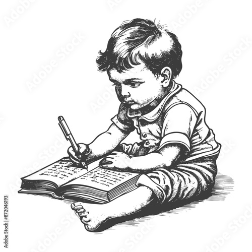 Engraved Tot: Focused Toddler Writing in Open Book with Pen, Seated on Floor.