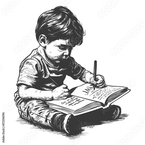 Focused Child: Cross-Legged Sketch of Young Boy Writing in Open Book.
