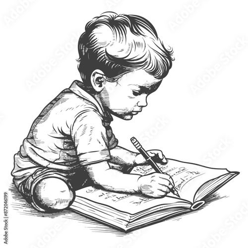 Focused Sketch: Toddler Learning to Write in a Large Open Book, Engrossed Expression.