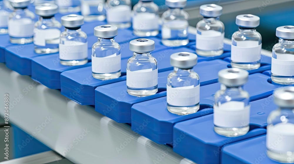 A close-up view of white plastic bottles moving along a blue conveyor belt in a pharmaceutical factory A close-up view of white plastic bottles moving along a blue conveyor belt in a pharmaceutical factory