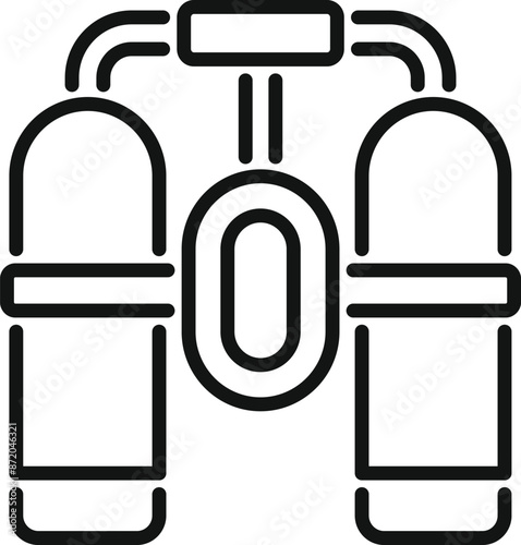 Simple, bold icon of scuba diving gear, featuring a double tank system and an oxygen mask