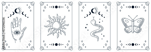 Tarot cards collection with outline line art magic elements on white background. Esoteric mystical deck with hand and eye, sun, snake and magic butterfly. Vector design template, boho style.