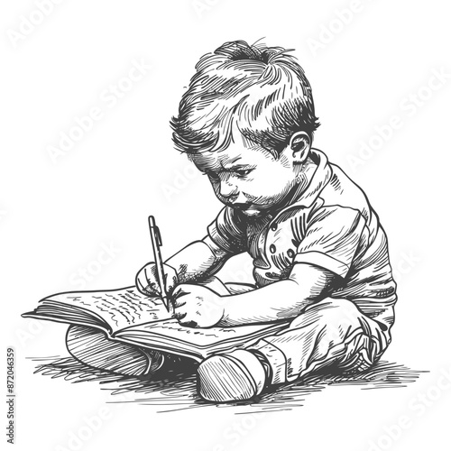 Focused Child: Hand-Drawn Illustration of Boy Writing in Open Book on Floor.
