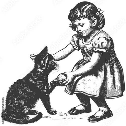 little girl activities with cat with engraving style