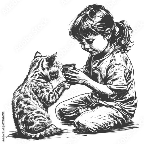 little girl activities with cat with engraving style