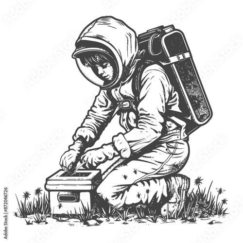 little girl beekeeper in action with engraving style