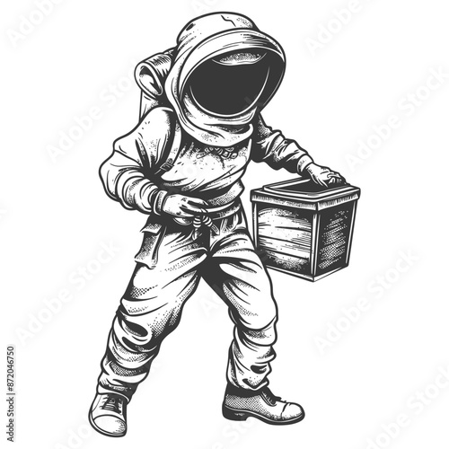 little girl beekeeper in action with engraving style