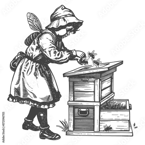 little girl beekeeper in action with engraving style