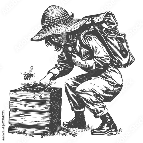 little girl beekeeper in action with engraving style