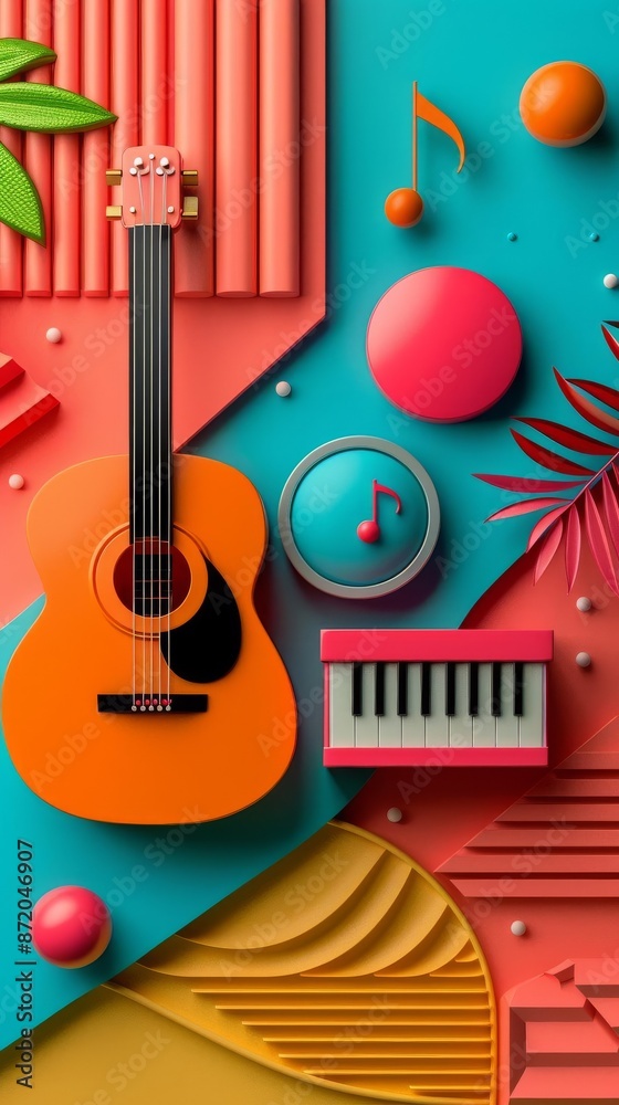Obraz premium A vibrant, abstract composition featuring a guitar, piano, music notes and geometric shapes. Perfect for music and art themes.