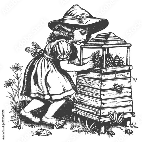 little girl beekeeper in action with engraving style